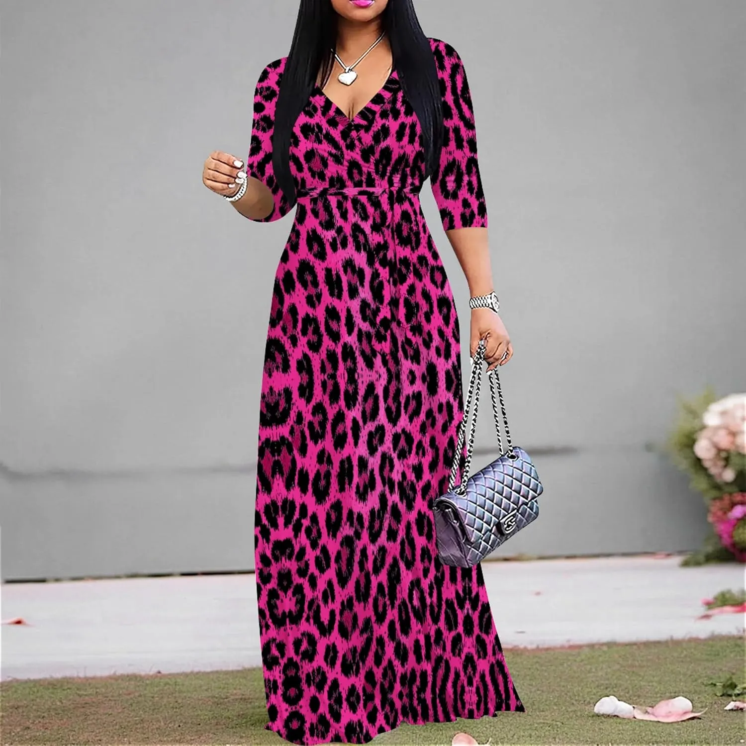 weiyinhe Maxi Dress for Women V Neck Casual 3/4 Sleeve Wrap Sexy Long Dresses Floral with Belt