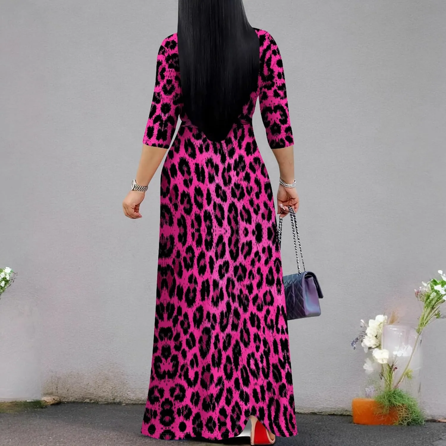 weiyinhe Maxi Dress for Women V Neck Casual 3/4 Sleeve Wrap Sexy Long Dresses Floral with Belt