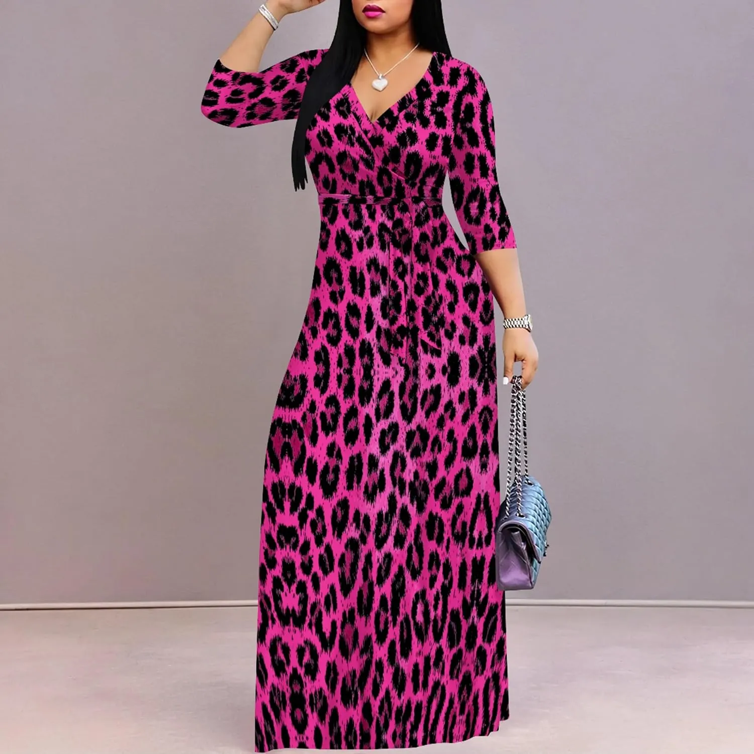 weiyinhe Maxi Dress for Women V Neck Casual 3/4 Sleeve Wrap Sexy Long Dresses Floral with Belt