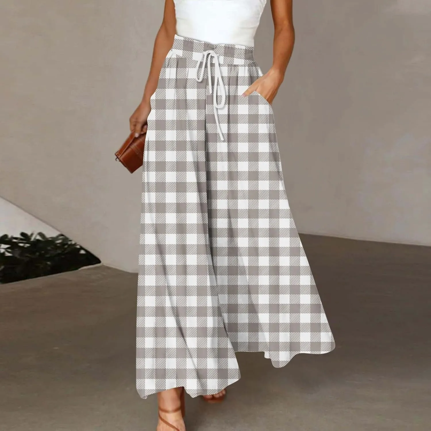 Wide Leg Pants Woman Summer 2025 Flowy High Waisted Trousers Baggy Drawstring Beach Pant with Pockets
