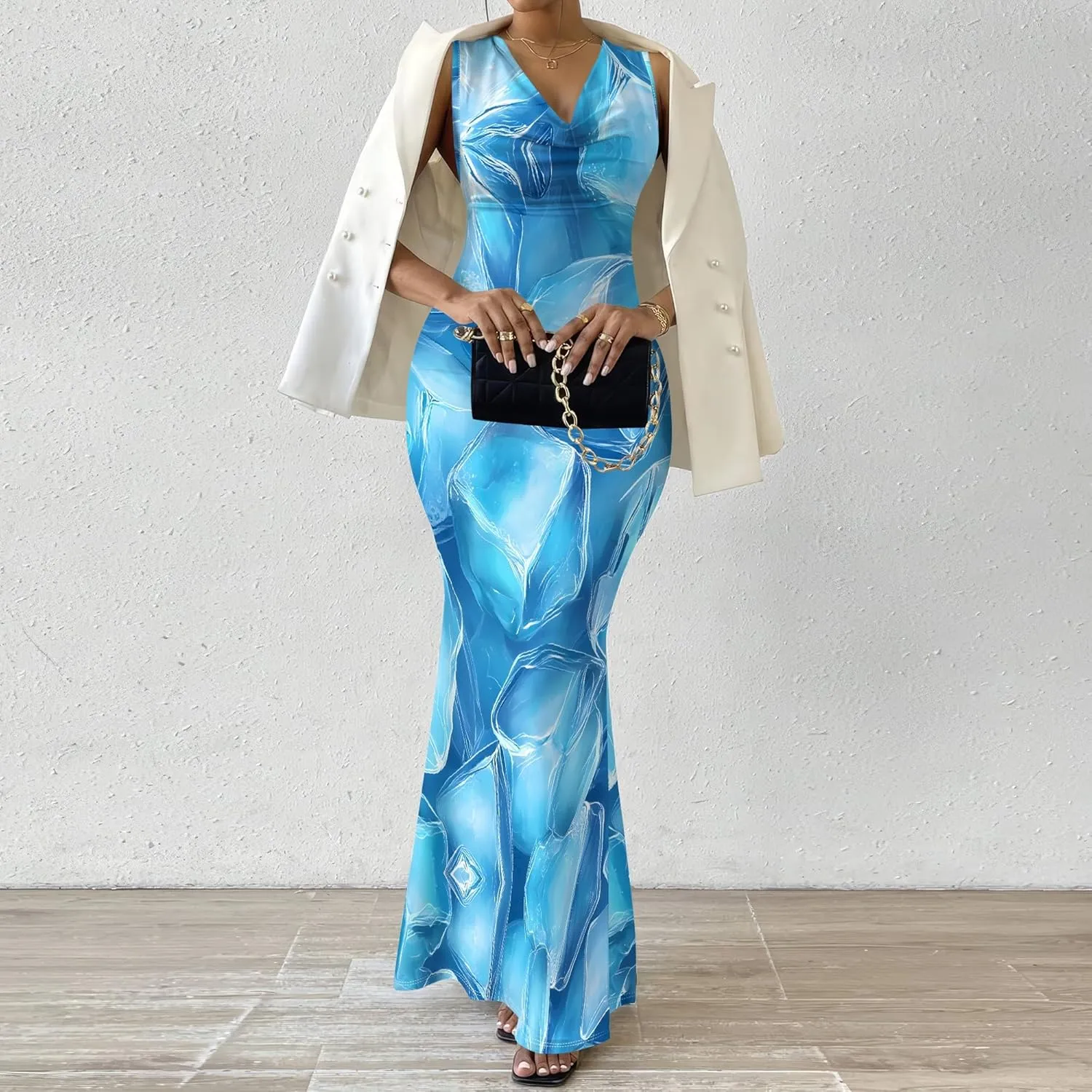 Women Summer Fashion Sexy Dress Sleeveless V Neck Side Slits Maxi Bodycon Mermaid Cocktail Evening Parties Dresses