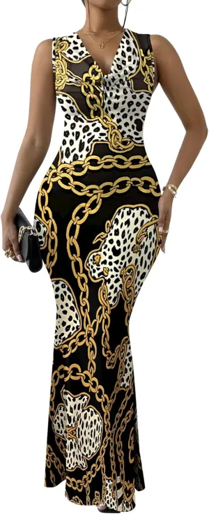 Women Summer Fashion Sexy Dress Sleeveless V Neck Side Slits Maxi Bodycon Mermaid Cocktail Evening Parties Dresses