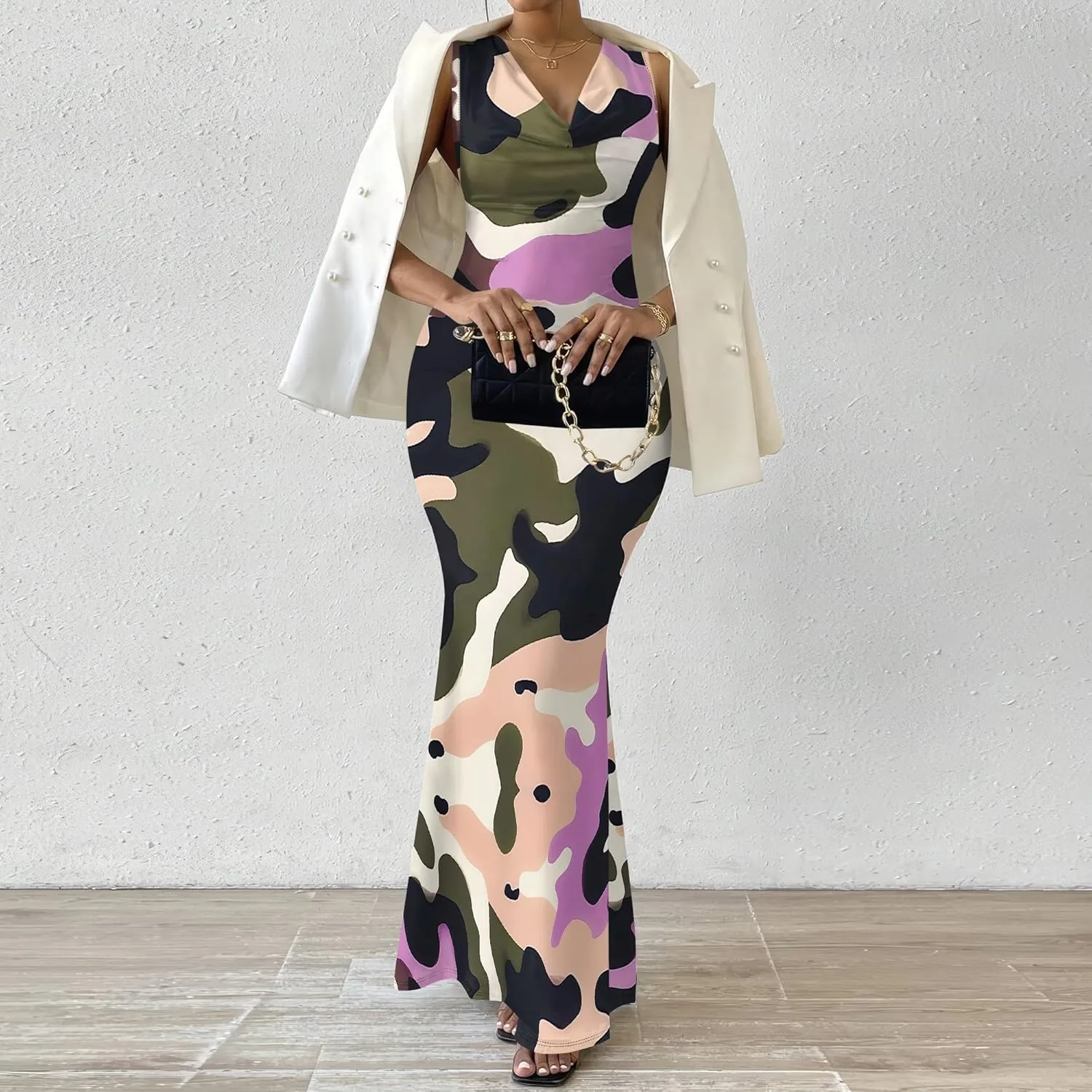Women Summer Fashion Sexy Dress Sleeveless V Neck Side Slits Maxi Bodycon Mermaid Cocktail Evening Parties Dresses