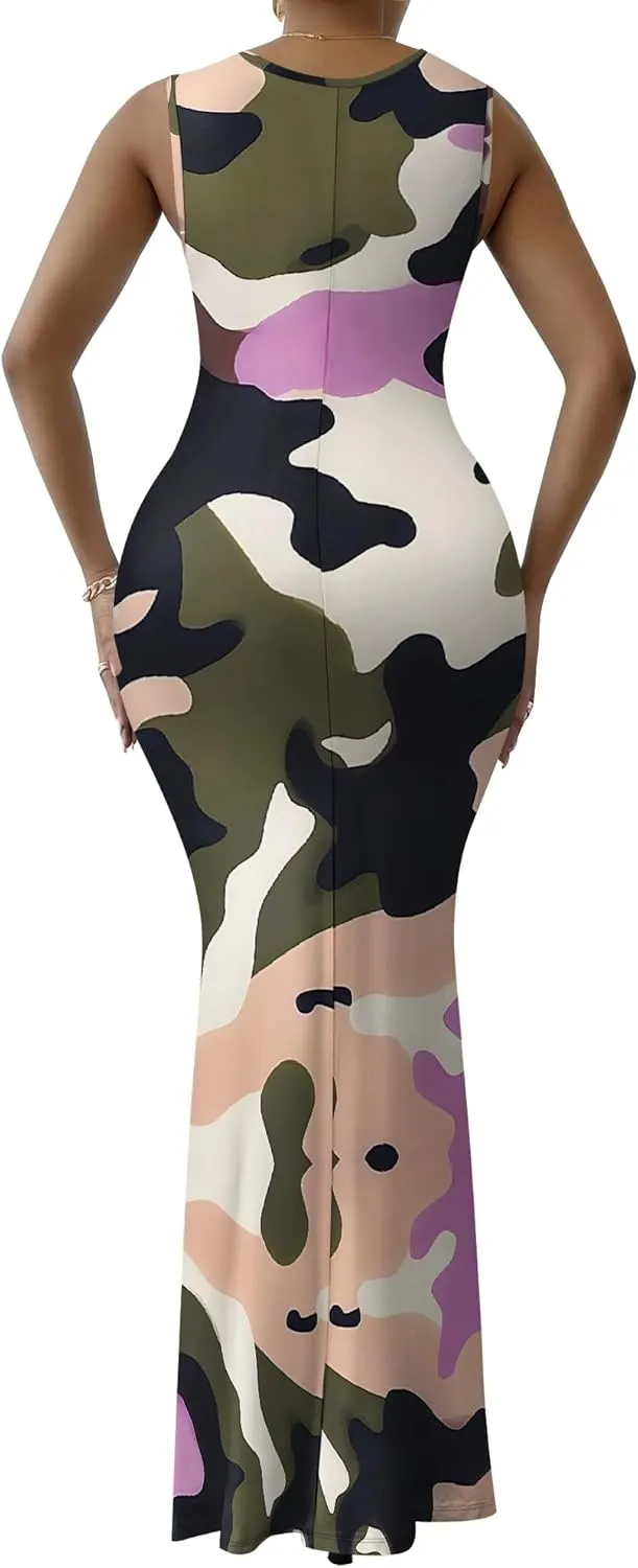 Women Summer Fashion Sexy Dress Sleeveless V Neck Side Slits Maxi Bodycon Mermaid Cocktail Evening Parties Dresses