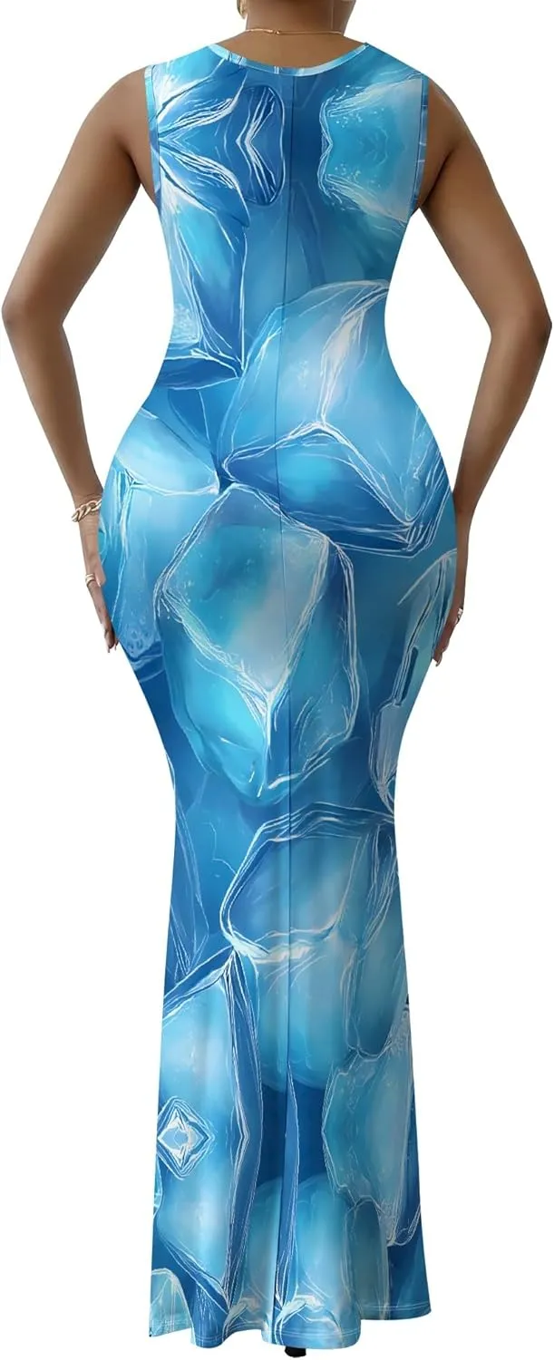 Women Summer Fashion Sexy Dress Sleeveless V Neck Side Slits Maxi Bodycon Mermaid Cocktail Evening Parties Dresses
