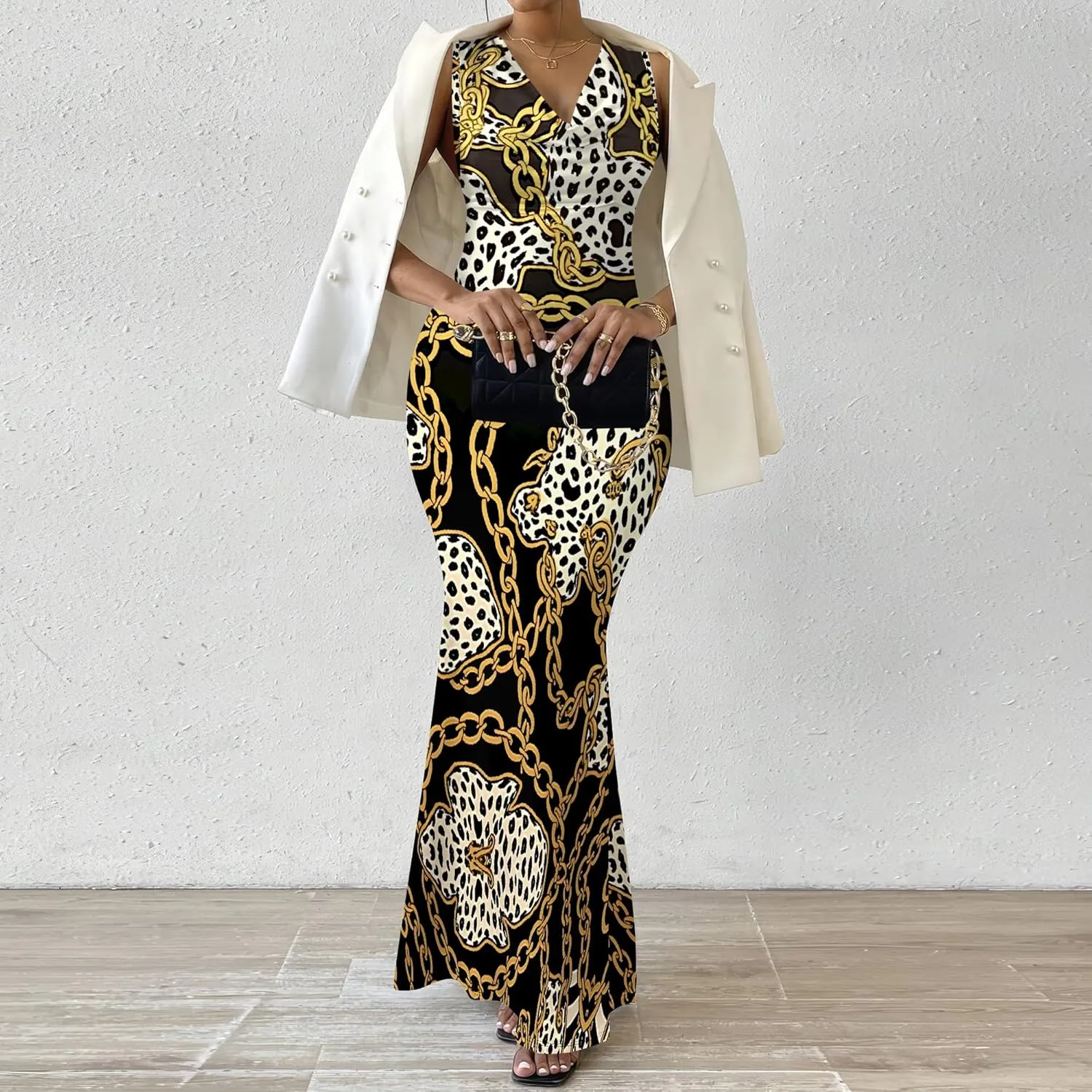 Women Summer Fashion Sexy Dress Sleeveless V Neck Side Slits Maxi Bodycon Mermaid Cocktail Evening Parties Dresses