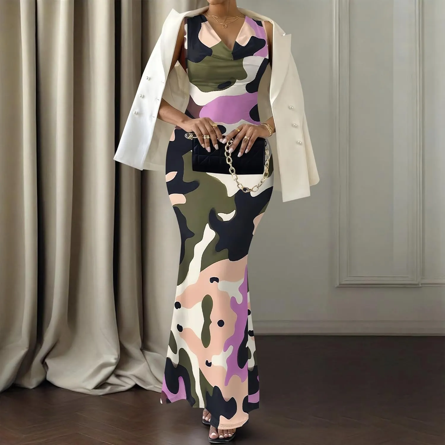 Women Summer Fashion Sexy Dress Sleeveless V Neck Side Slits Maxi Bodycon Mermaid Cocktail Evening Parties Dresses