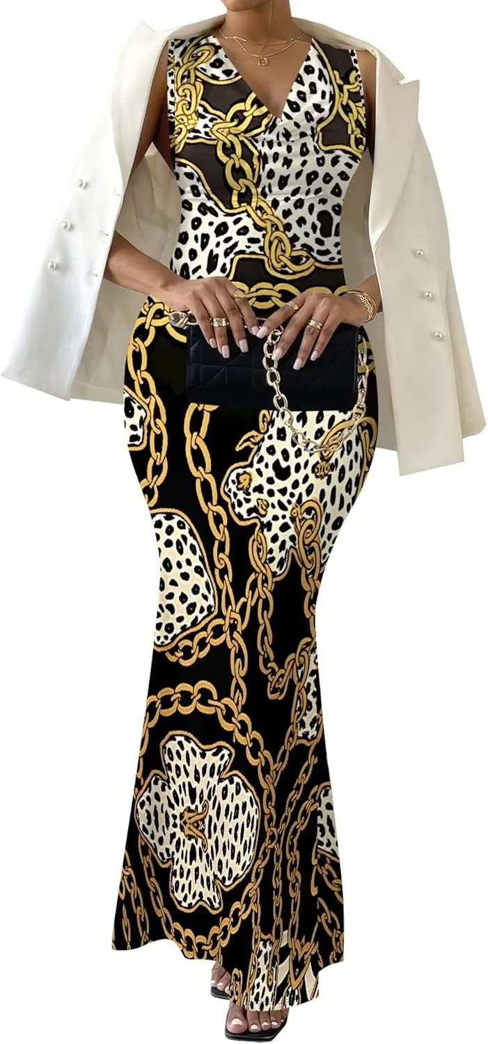 Women Summer Fashion Sexy Dress Sleeveless V Neck Side Slits Maxi Bodycon Mermaid Cocktail Evening Parties Dresses