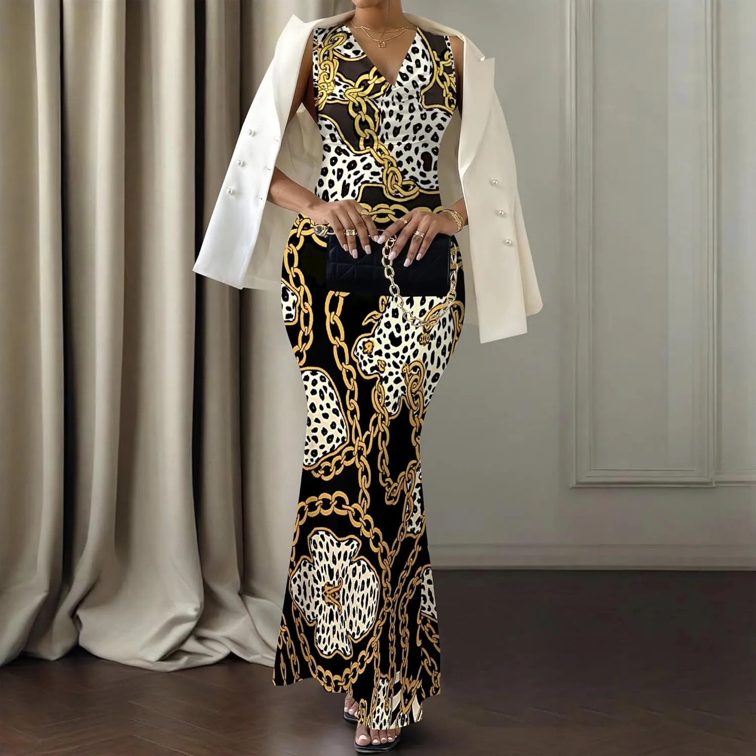 Women Summer Fashion Sexy Dress Sleeveless V Neck Side Slits Maxi Bodycon Mermaid Cocktail Evening Parties Dresses