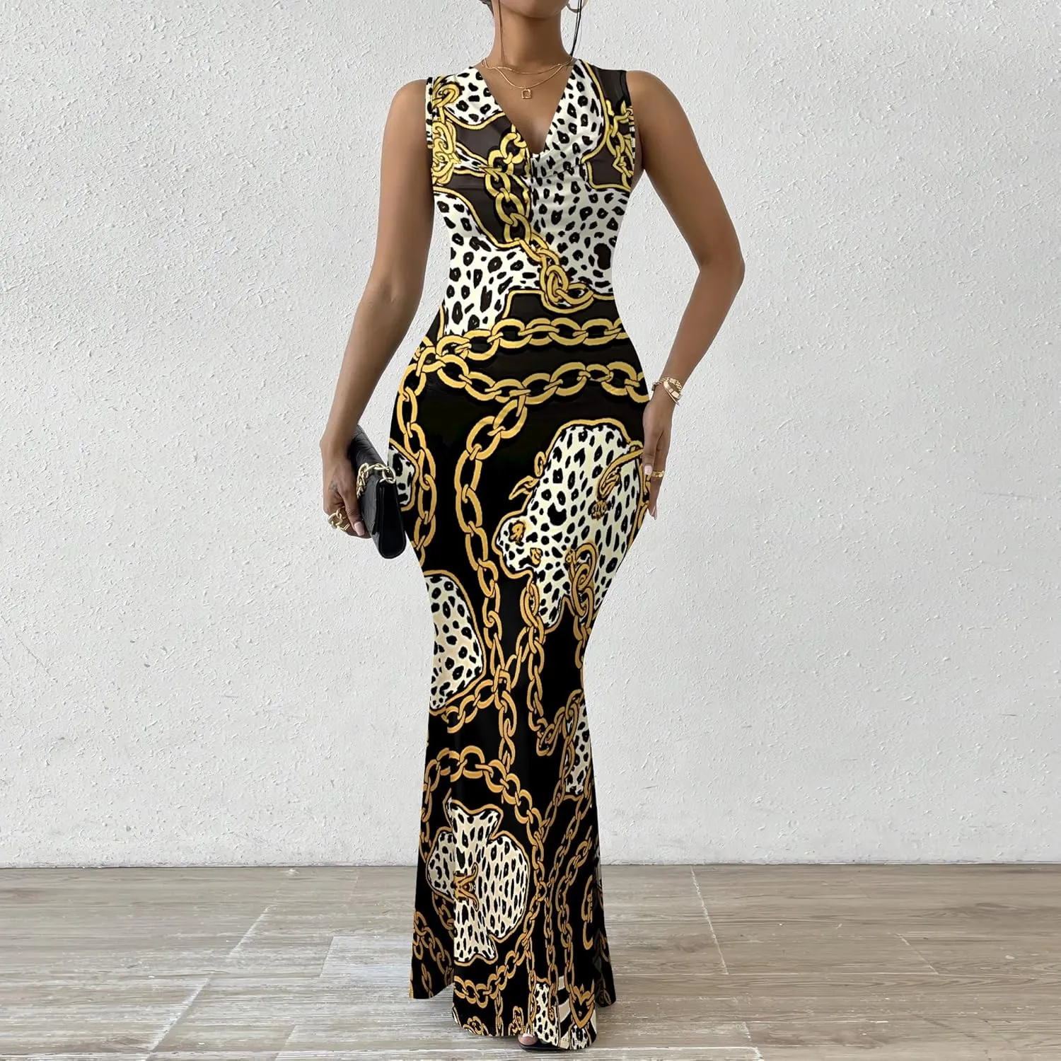Women Summer Fashion Sexy Dress Sleeveless V Neck Side Slits Maxi Bodycon Mermaid Cocktail Evening Parties Dresses