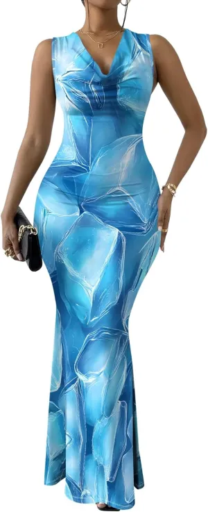 Women Summer Fashion Sexy Dress Sleeveless V Neck Side Slits Maxi Bodycon Mermaid Cocktail Evening Parties Dresses