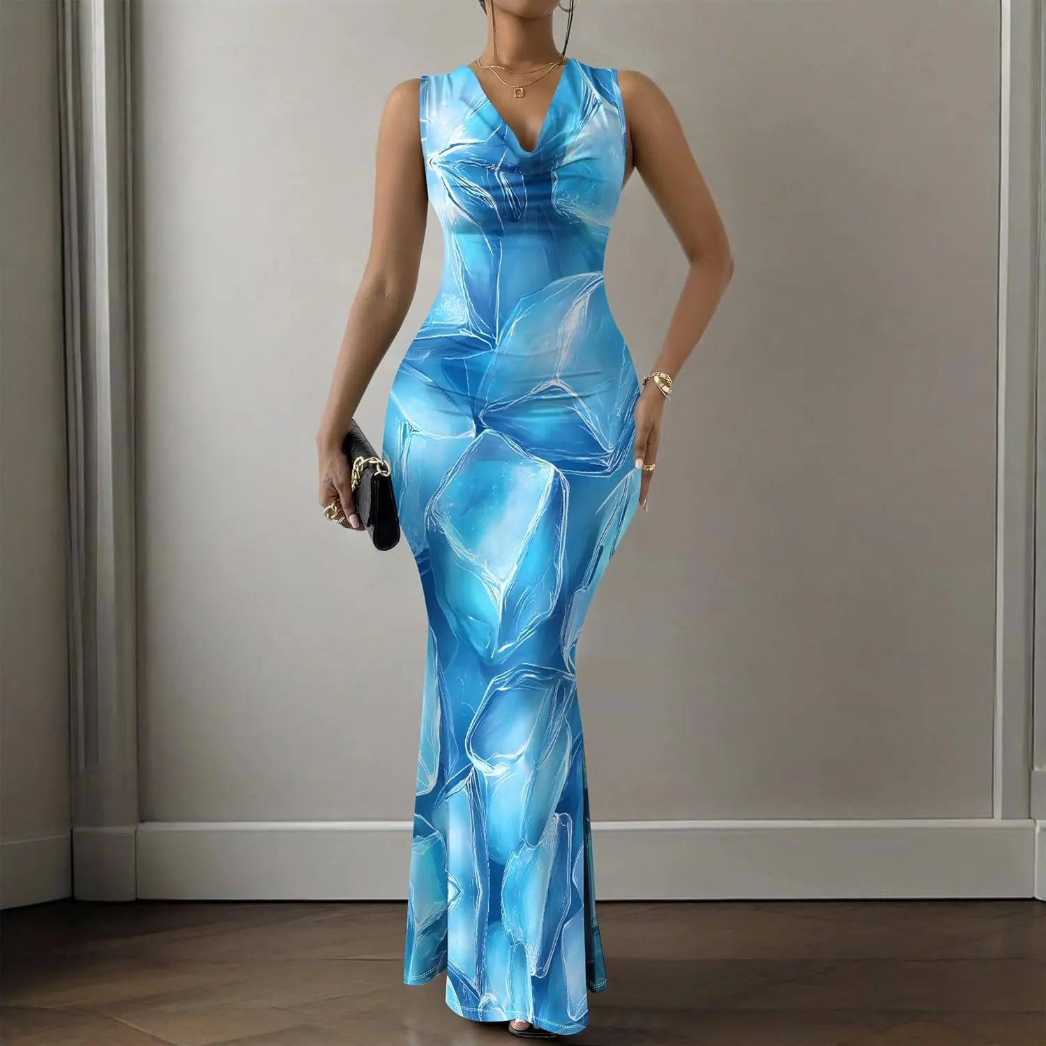 Women Summer Fashion Sexy Dress Sleeveless V Neck Side Slits Maxi Bodycon Mermaid Cocktail Evening Parties Dresses