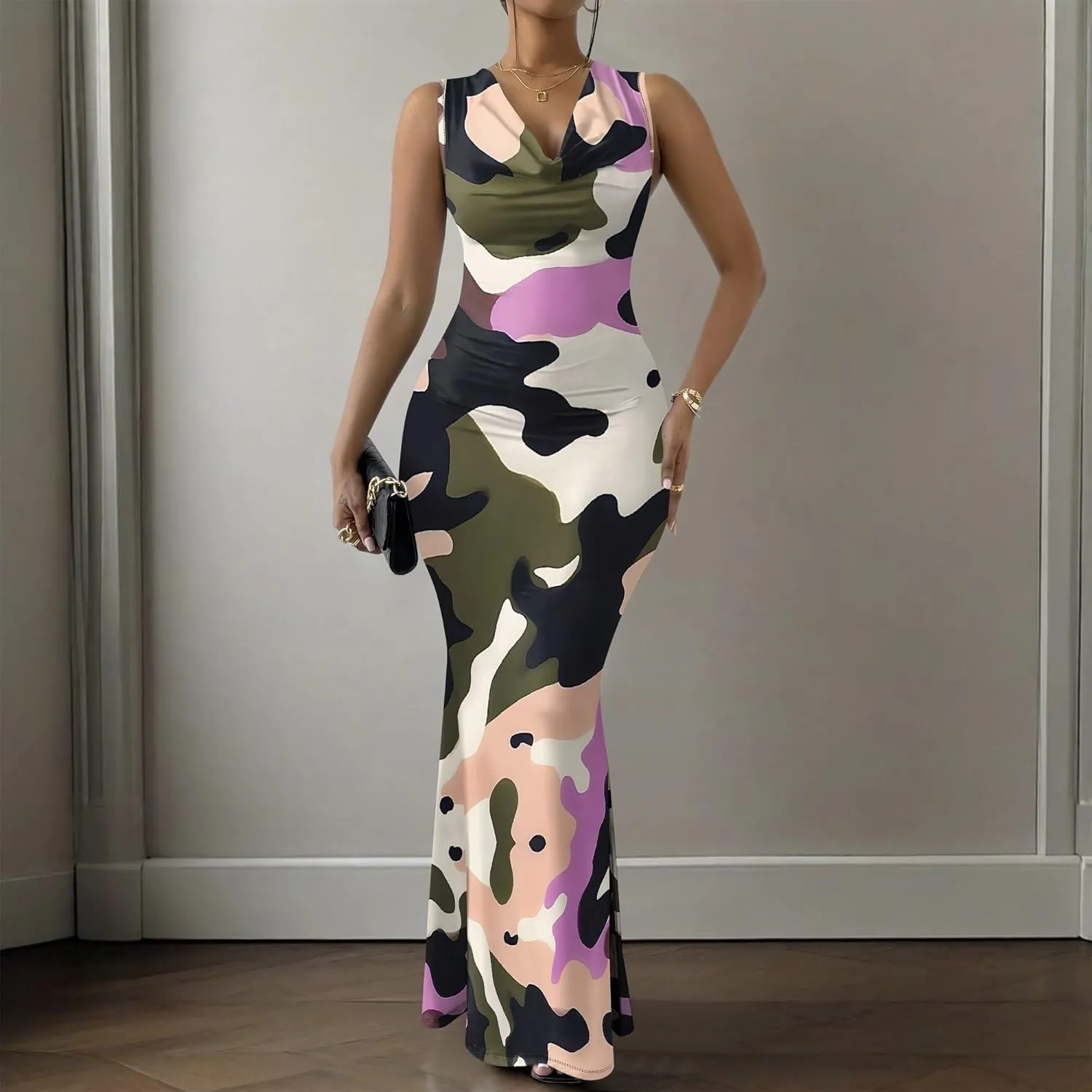 Women Summer Fashion Sexy Dress Sleeveless V Neck Side Slits Maxi Bodycon Mermaid Cocktail Evening Parties Dresses