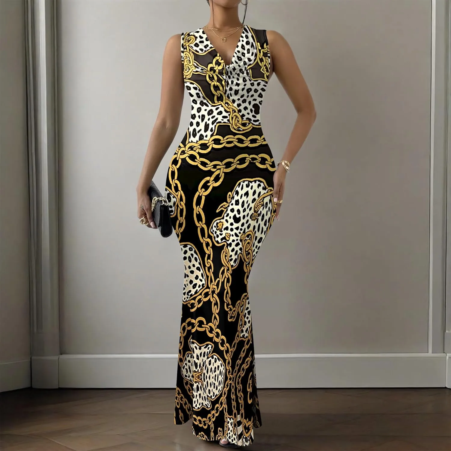 Women Summer Fashion Sexy Dress Sleeveless V Neck Side Slits Maxi Bodycon Mermaid Cocktail Evening Parties Dresses