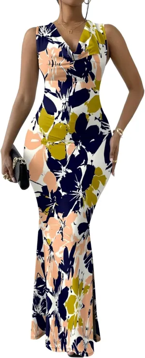 Women Summer Fashion Sexy Dress Sleeveless V Neck Side Slits Maxi Bodycon Mermaid Cocktail Evening Parties Dresses