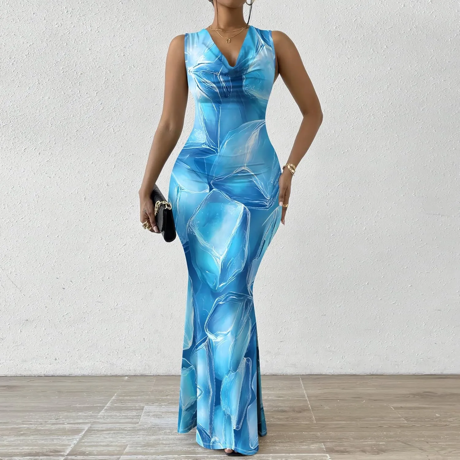 Women Summer Fashion Sexy Dress Sleeveless V Neck Side Slits Maxi Bodycon Mermaid Cocktail Evening Parties Dresses