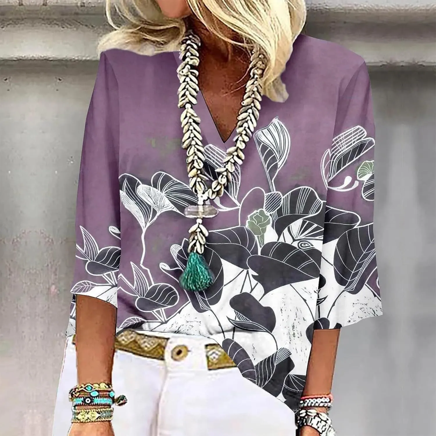 Women's 3/4 Sleeve Tops Fall V-Neck Trendy Shirt 2025 Fashion Tshirt Print Soft Daily Blouse Loose Tunic