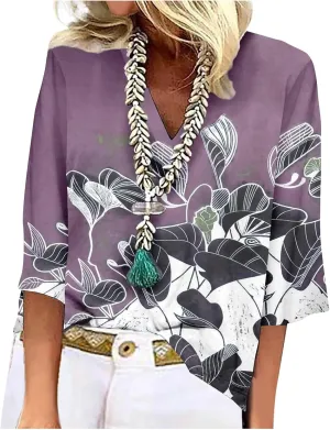 Women's 3/4 Sleeve Tops Fall V-Neck Trendy Shirt 2025 Fashion Tshirt Print Soft Daily Blouse Loose Tunic