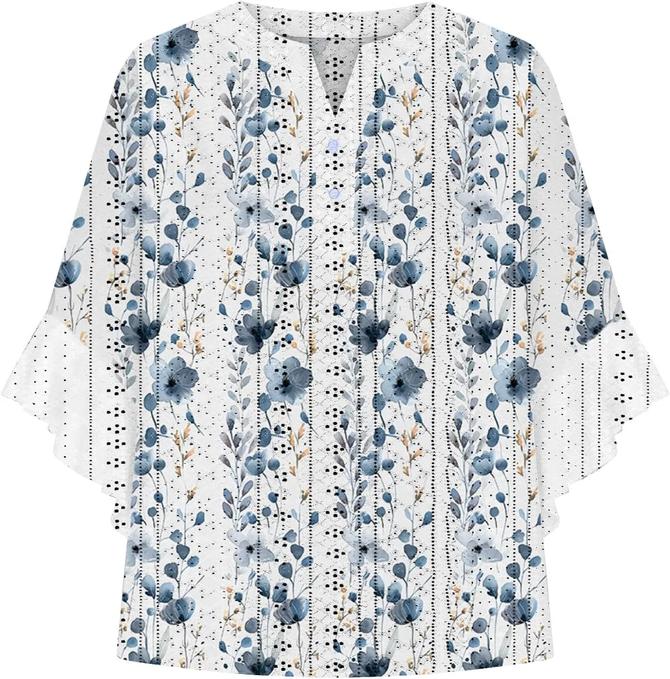 Womens 3/4 Sleeve Tops Trendy Summer Eyelet Embroidery Shirts Buttons V Neck Ruffle Blouses Loose Fit Flowy Shirt