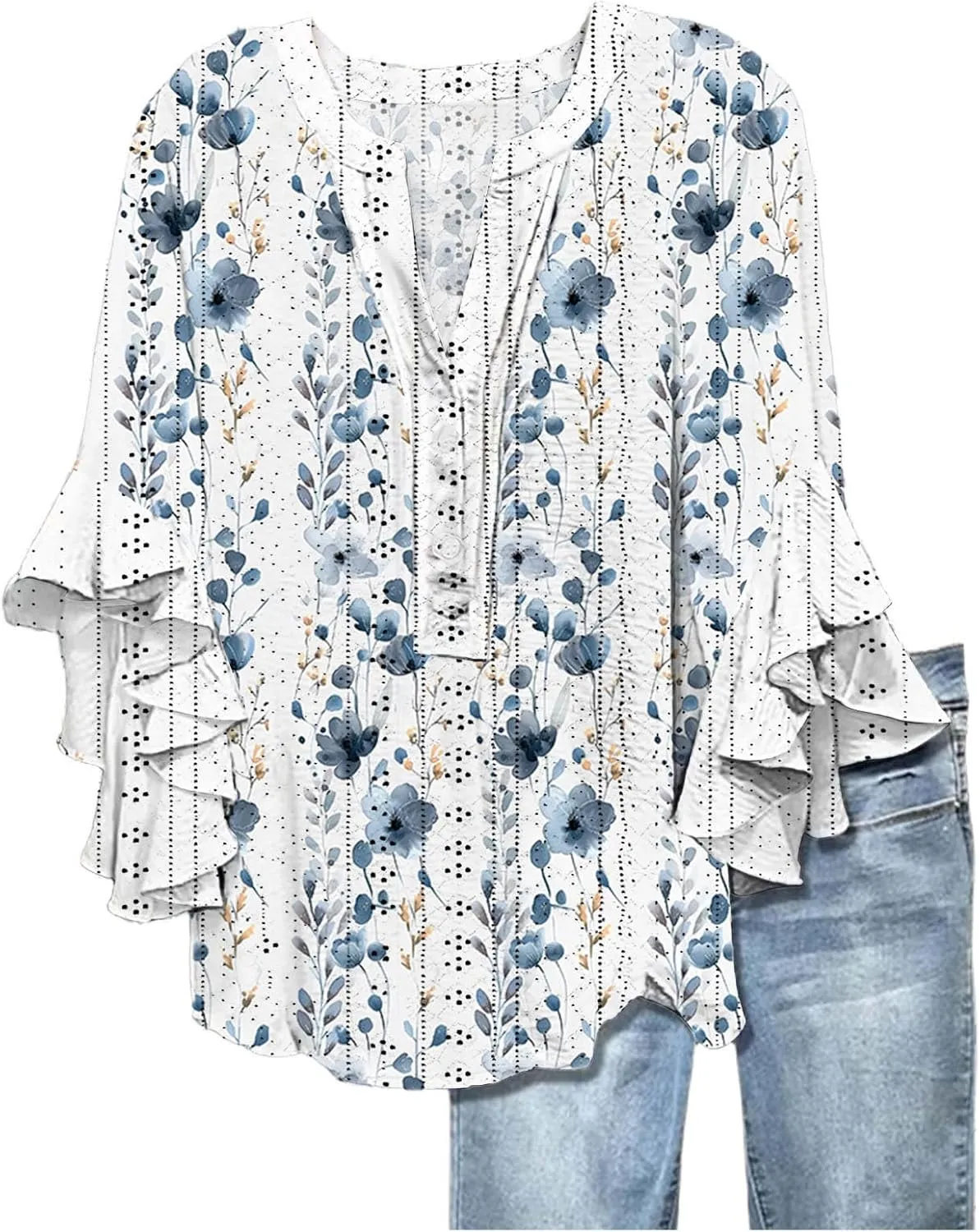 Womens 3/4 Sleeve Tops Trendy Summer Eyelet Embroidery Shirts Buttons V Neck Ruffle Blouses Loose Fit Flowy Shirt