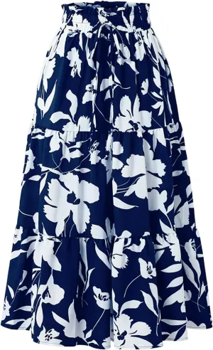 Womens Boho Floral Midi Skirts Elastic High Waist Pleated A-Line Flared Skirt Casual Summer Beach Travel Vacation Outfits