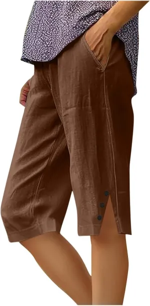 Womens Capri Pants 2025 Knee Length Cotton Linen Capris Summer Straight Leg Loose Beach Bermuda Shorts with Pockets