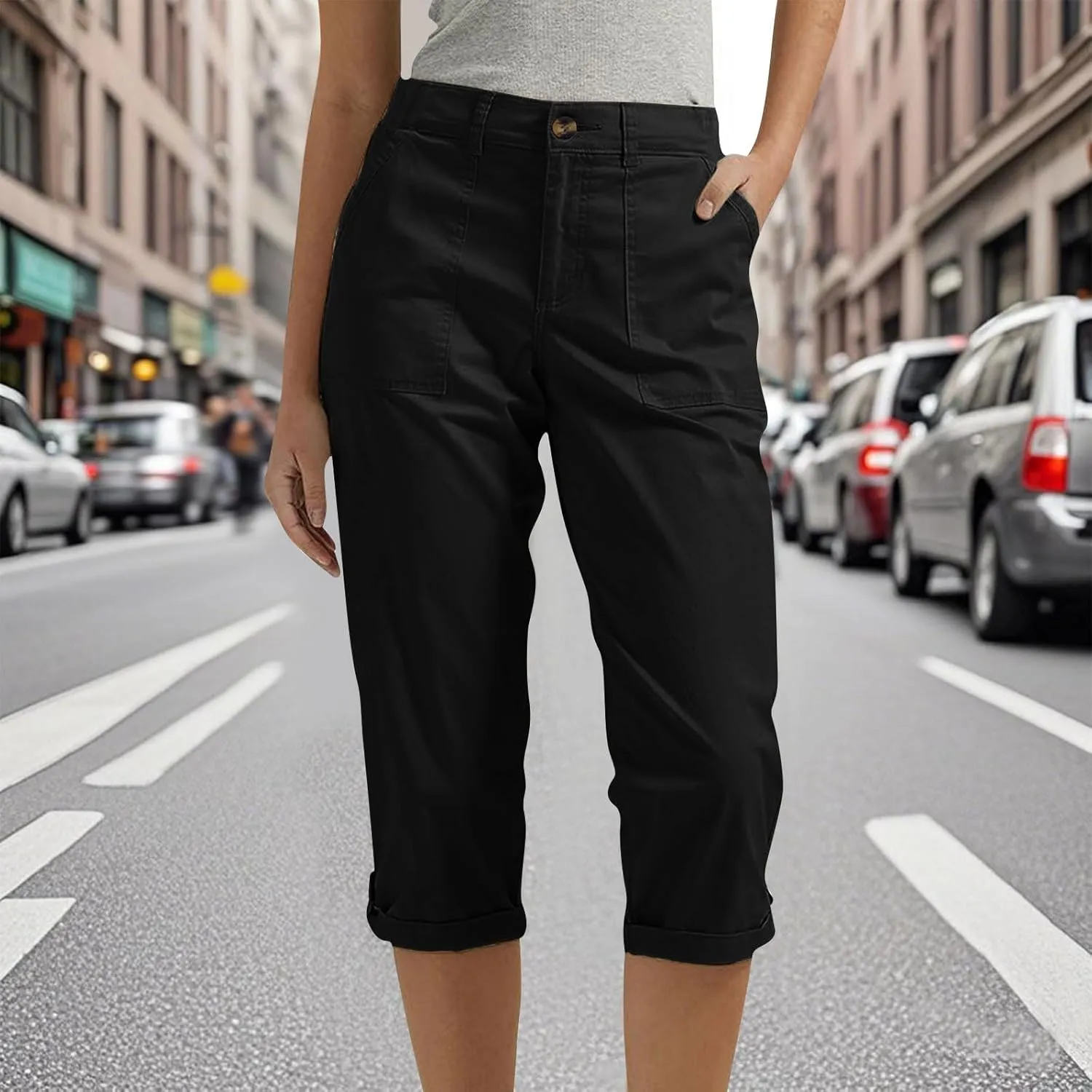 Womens Capris with Pockets Stretch Lightweight Casual Cargo Pants Rolled Hem Summer Cropped Trousers Outdoor Clothes