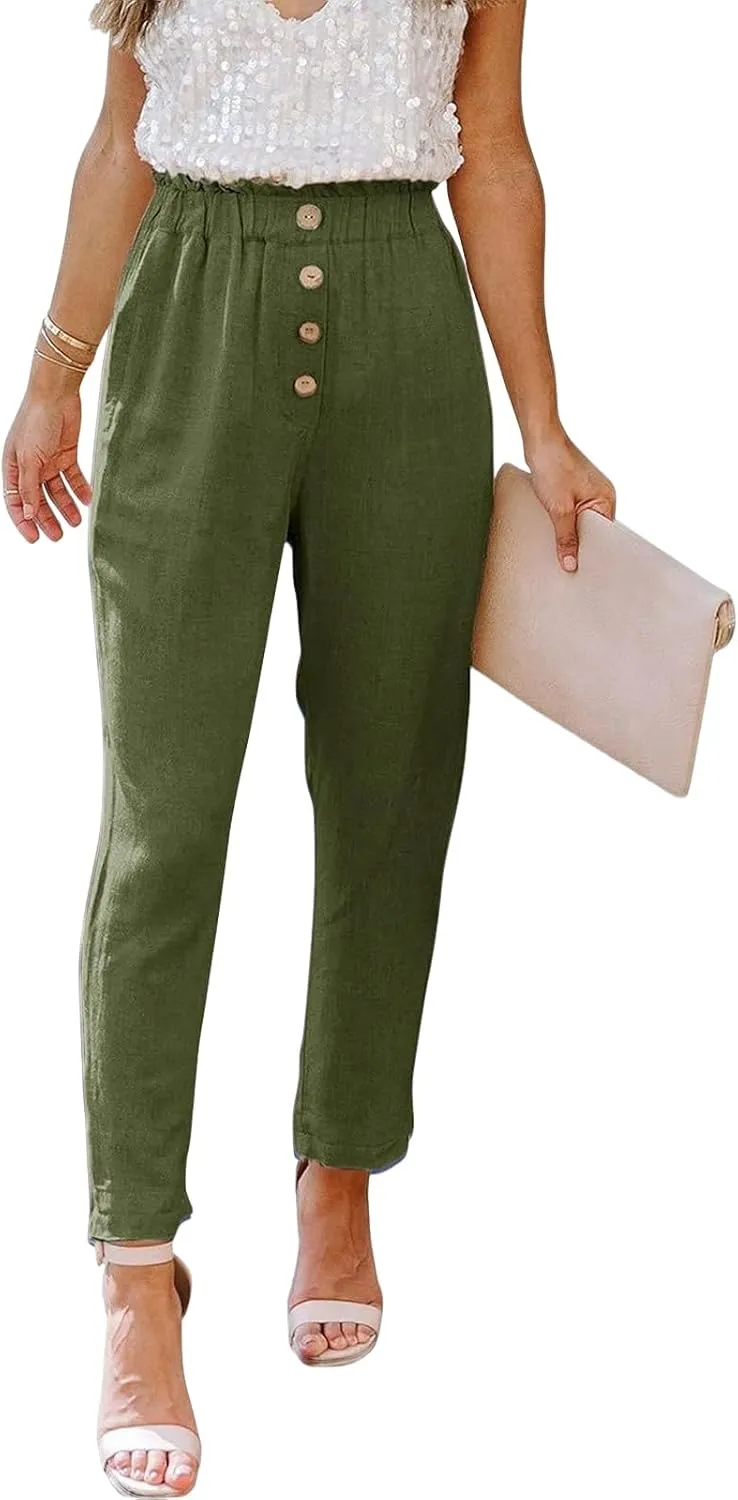 Womens Casual Pants Summer Dressy Business High Waist Paperbag Cropped Pants Work Slim Tapered Trousers
