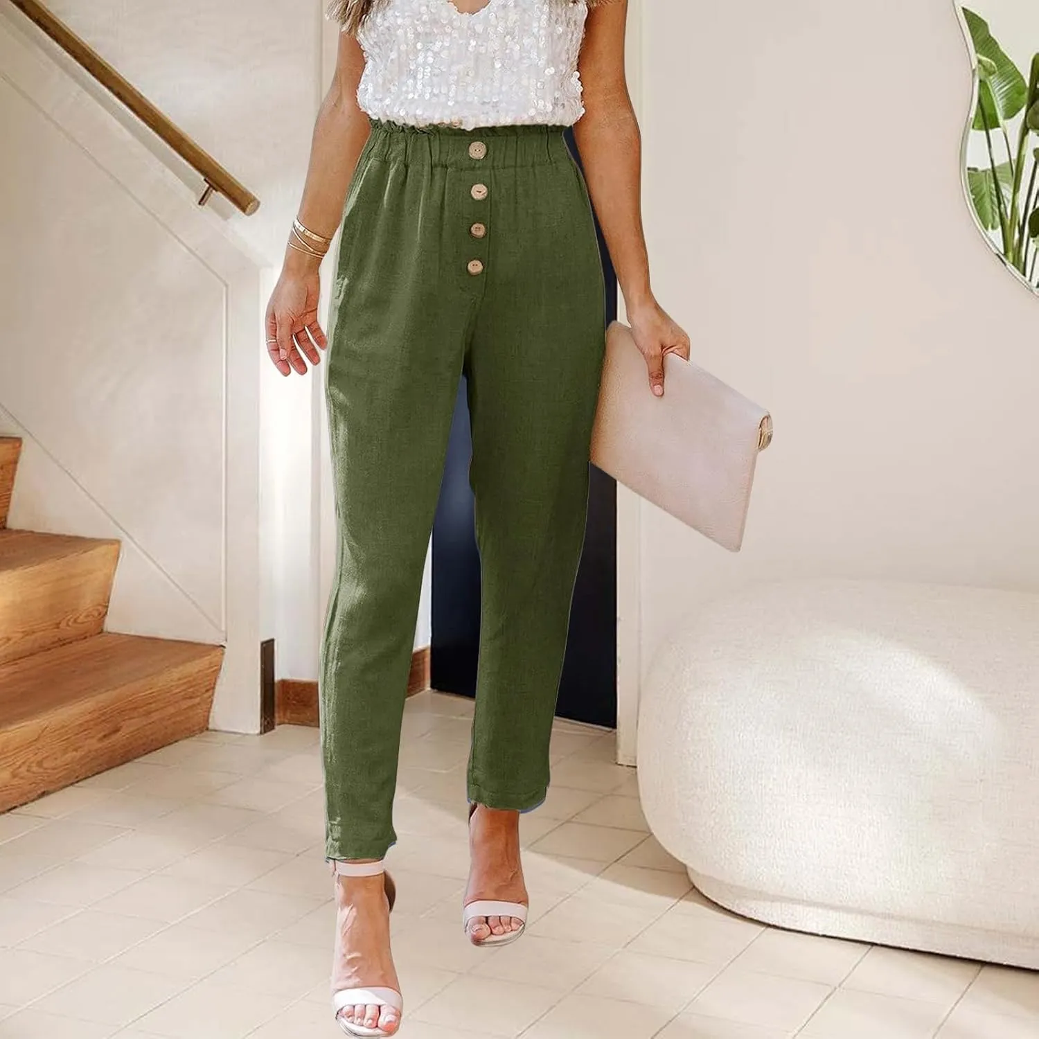 Womens Casual Pants Summer Dressy Business High Waist Paperbag Cropped Pants Work Slim Tapered Trousers
