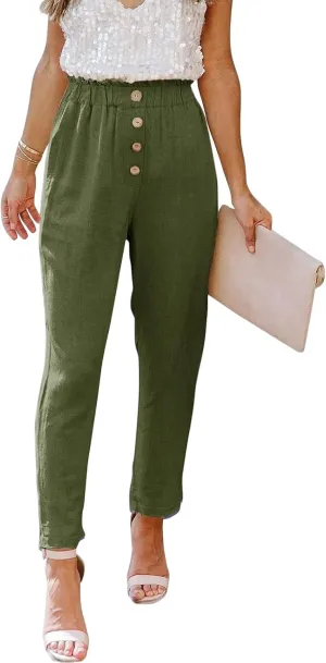 Womens Casual Pants Summer Dressy Business High Waist Paperbag Cropped Pants Work Slim Tapered Trousers