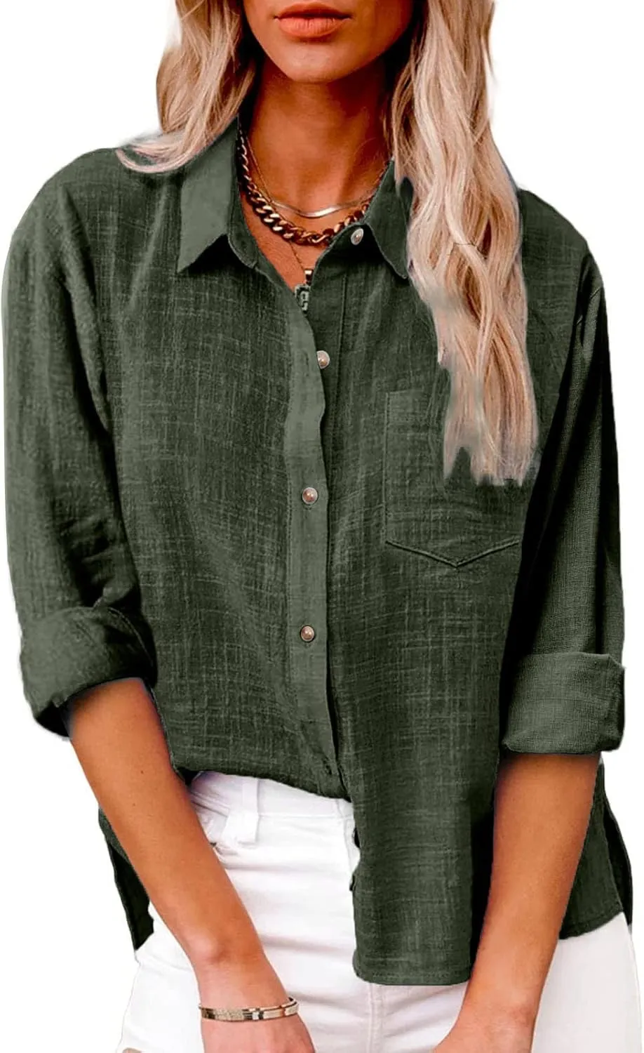 Womens Cotton Linen Button Down Shirts Long Sleeve Collared Gauze Tops Business Casual Blouses Loose Summer Tshirts