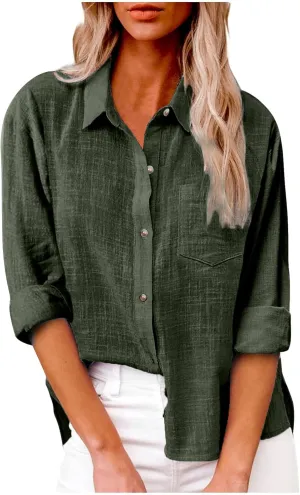 Womens Cotton Linen Button Down Shirts Long Sleeve Collared Gauze Tops Business Casual Blouses Loose Summer Tshirts