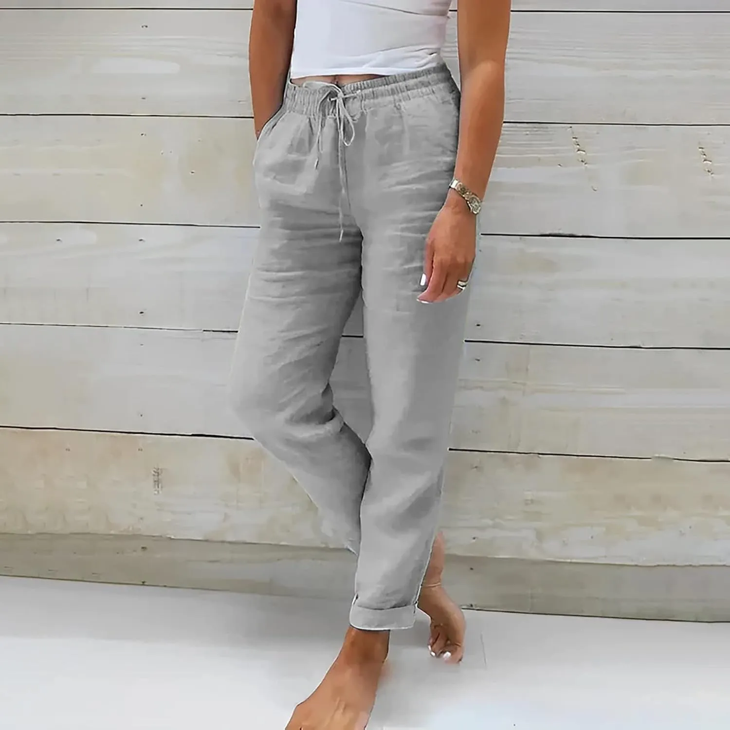 Womens Cotton Linen Pants 2025 Loose Fit Straight Leg Drawstring Summer Elastic Waist Plus Size Lounge Long Trousers