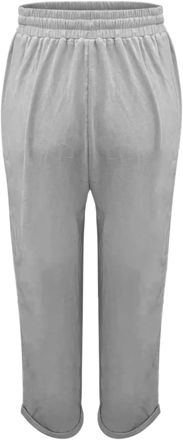 Womens Cotton Linen Pants 2025 Loose Fit Straight Leg Drawstring Summer Elastic Waist Plus Size Lounge Long Trousers