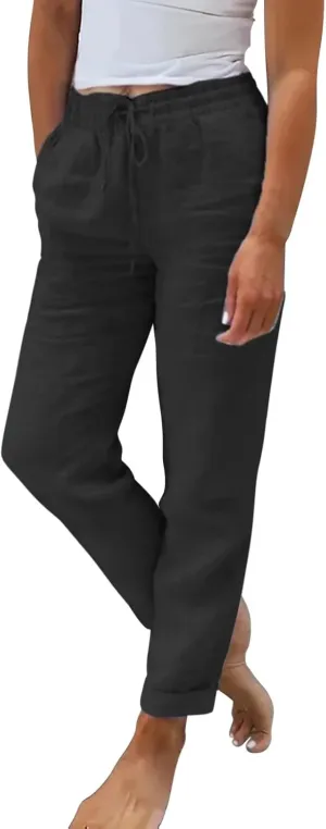 Womens Cotton Linen Pants 2025 Loose Fit Straight Leg Drawstring Summer Elastic Waist Plus Size Lounge Long Trousers