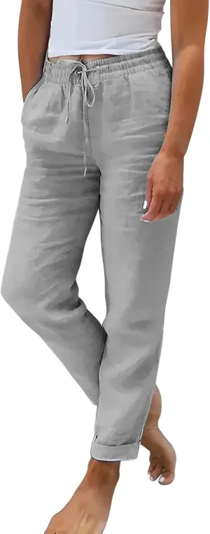Womens Cotton Linen Pants 2025 Loose Fit Straight Leg Drawstring Summer Elastic Waist Plus Size Lounge Long Trousers