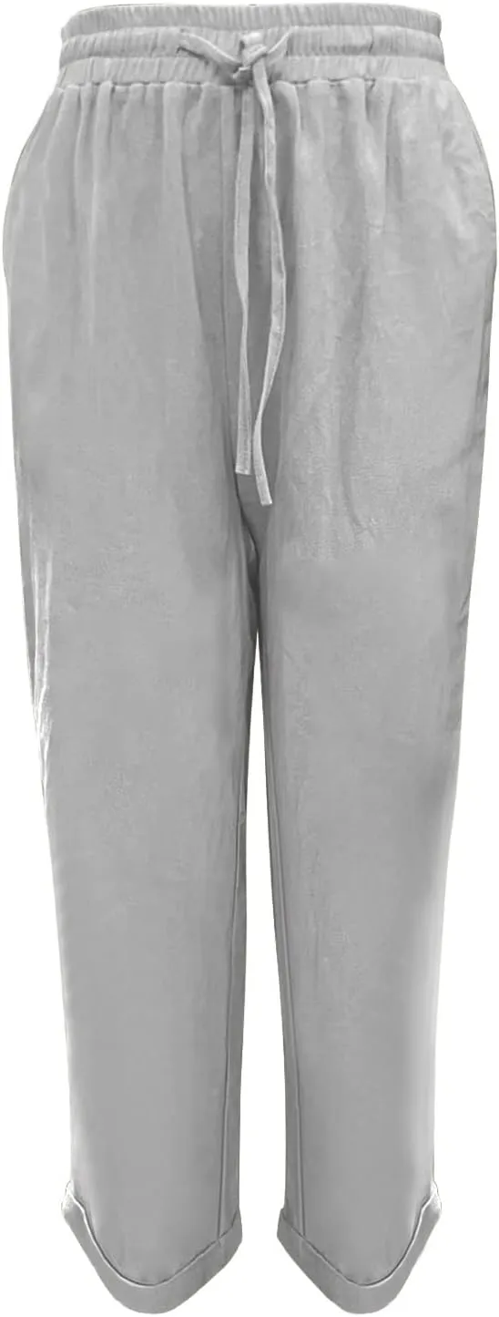Womens Cotton Linen Pants 2025 Loose Fit Straight Leg Drawstring Summer Elastic Waist Plus Size Lounge Long Trousers