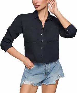 Women's Cropped Denim Shirt Long Sleeve Button Down Jean Blouse with Pockets, Comfort Fit Casual Vintage Top