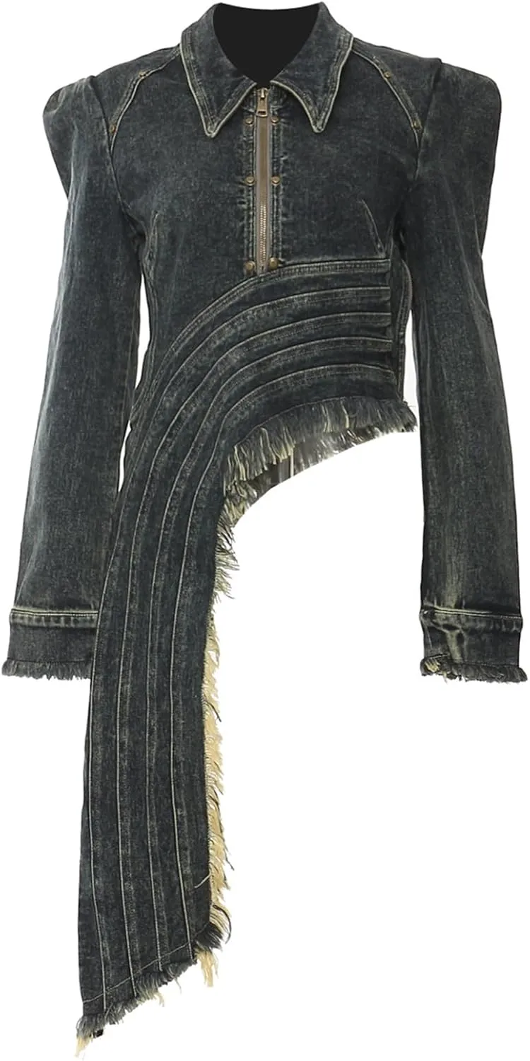 Women's Jean Jacket Irregular Raw Edge Hem Zip Up Long Sleeve Distressed Denim Jackets Coat