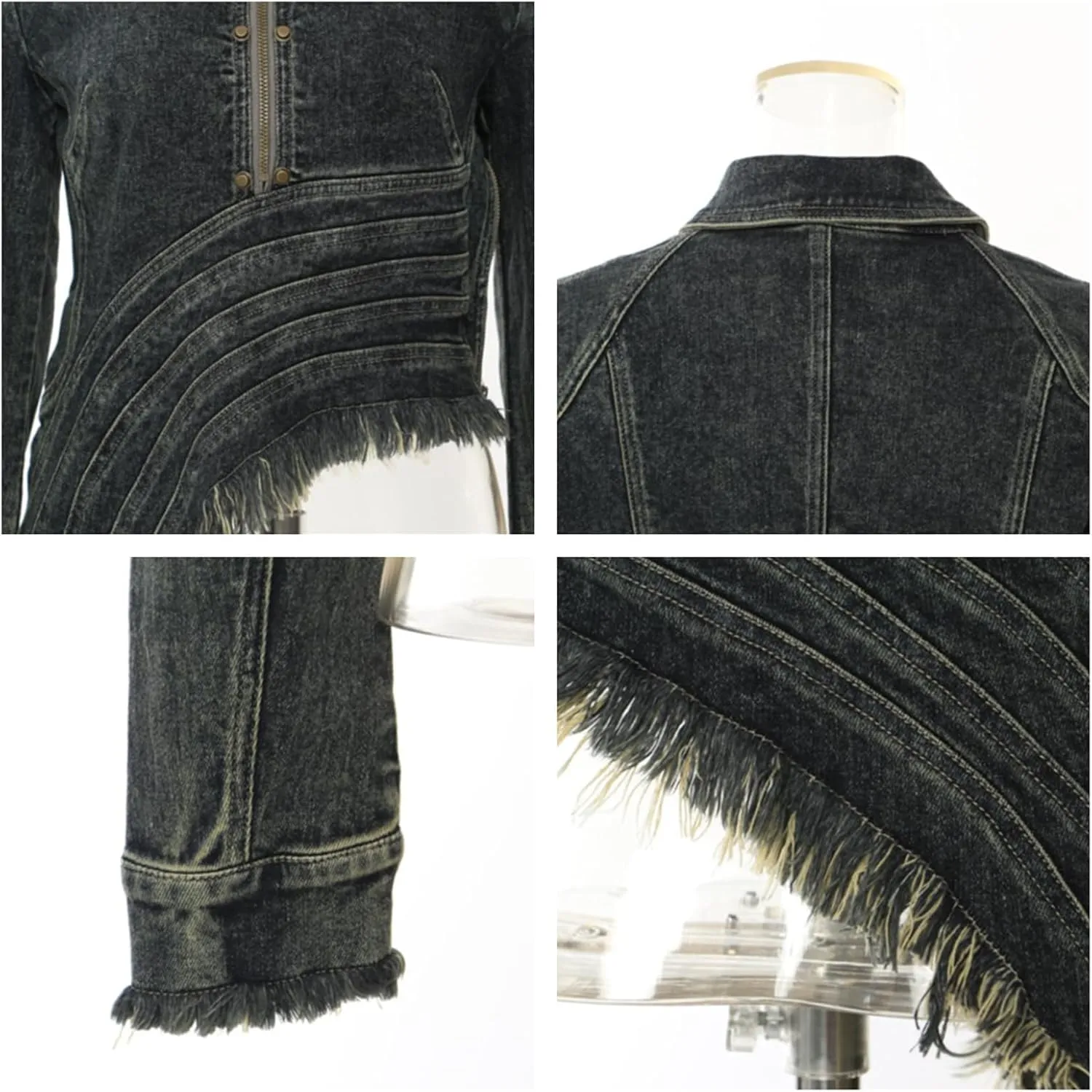 Women's Jean Jacket Irregular Raw Edge Hem Zip Up Long Sleeve Distressed Denim Jackets Coat