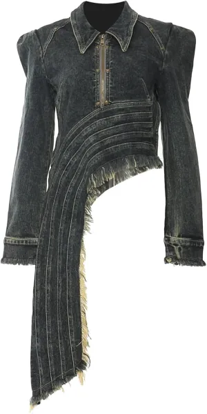 Women's Jean Jacket Irregular Raw Edge Hem Zip Up Long Sleeve Distressed Denim Jackets Coat