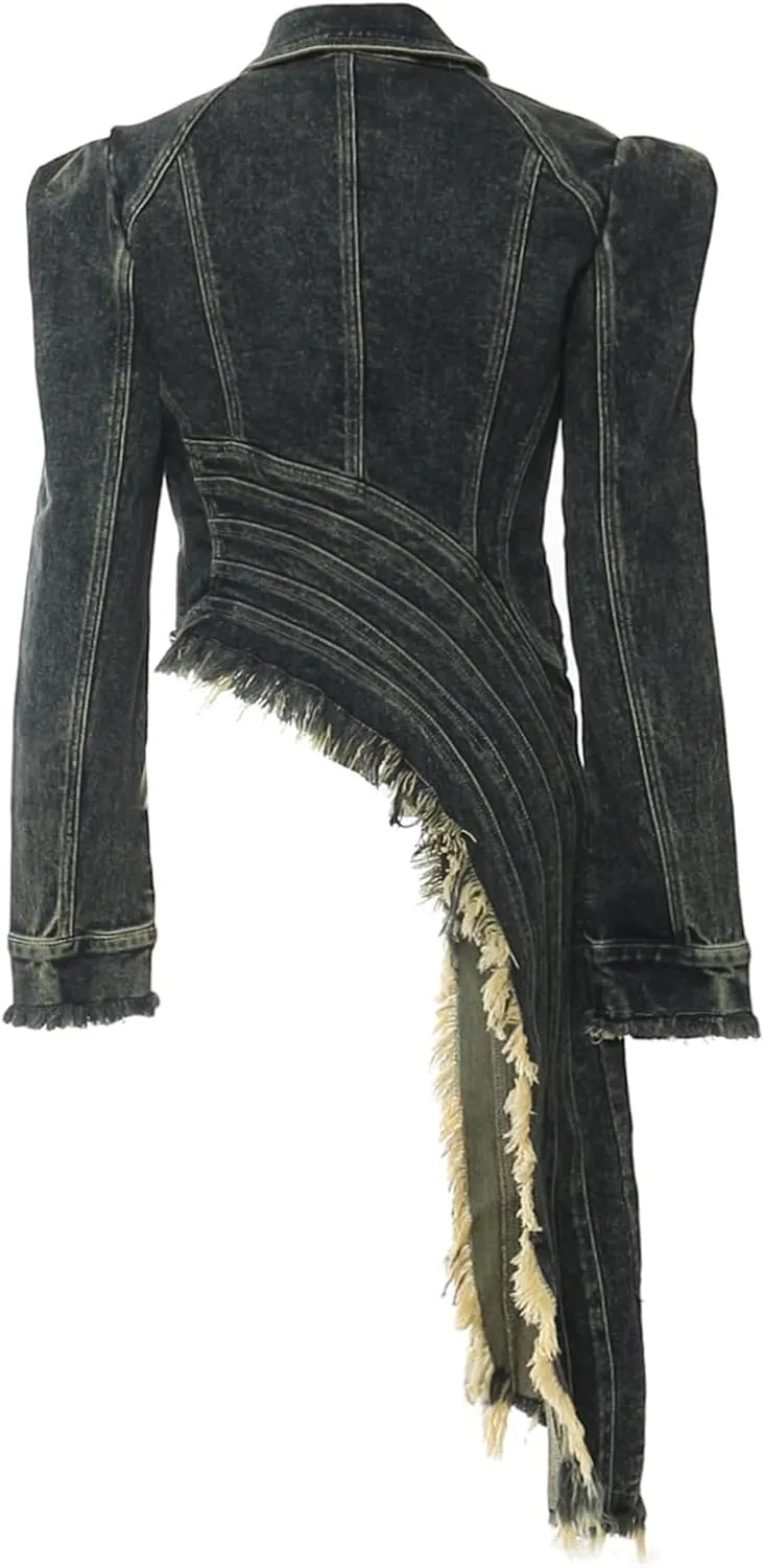 Women's Jean Jacket Irregular Raw Edge Hem Zip Up Long Sleeve Distressed Denim Jackets Coat