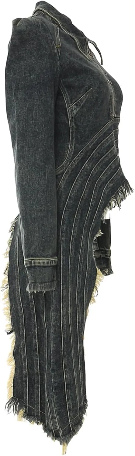 Women's Jean Jacket Irregular Raw Edge Hem Zip Up Long Sleeve Distressed Denim Jackets Coat