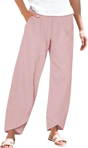 Women's Linen Wide Leg Pants Casual Loose High Waist Beach Haren Pants Pockets