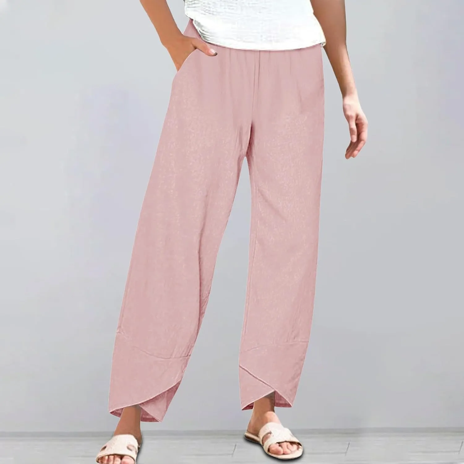 Women's Linen Wide Leg Pants Casual Loose High Waist Beach Haren Pants Pockets