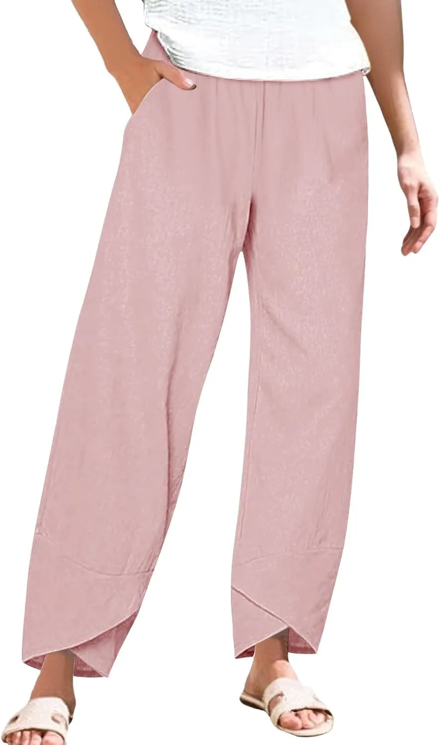 Women's Linen Wide Leg Pants Casual Loose High Waist Beach Haren Pants Pockets