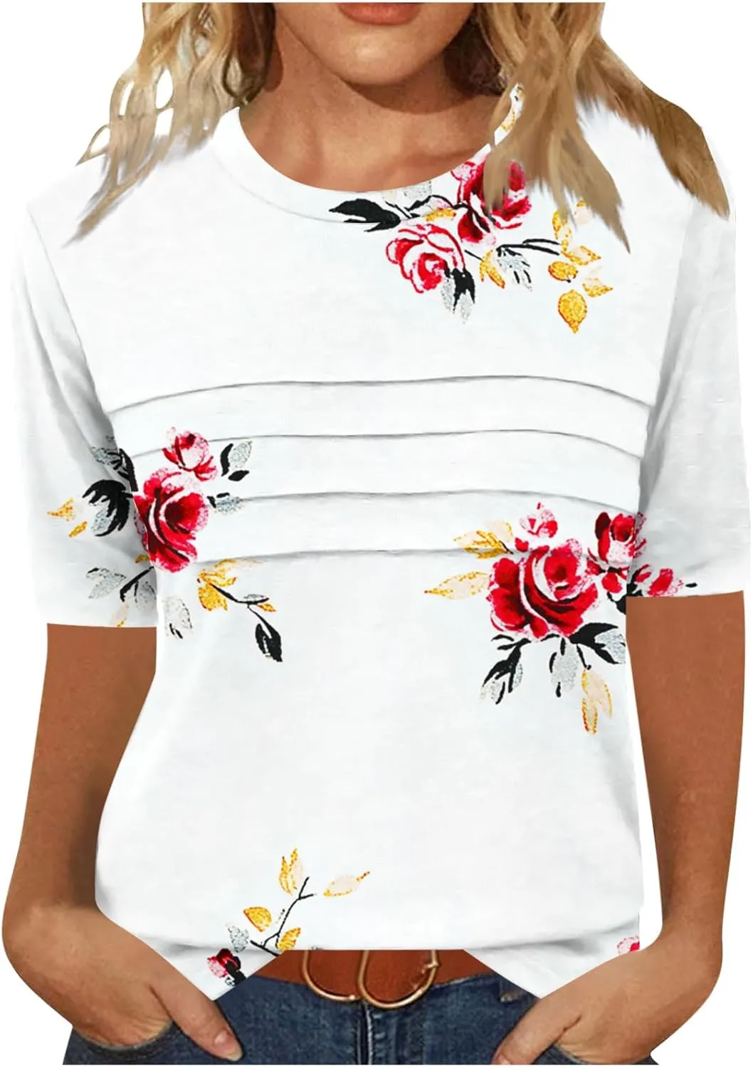 Women's Summer Short Sleeve Top Casual Floral Print Blouse Crewneck Ruched Front Shirts Lightweight Loose Fit Blouse