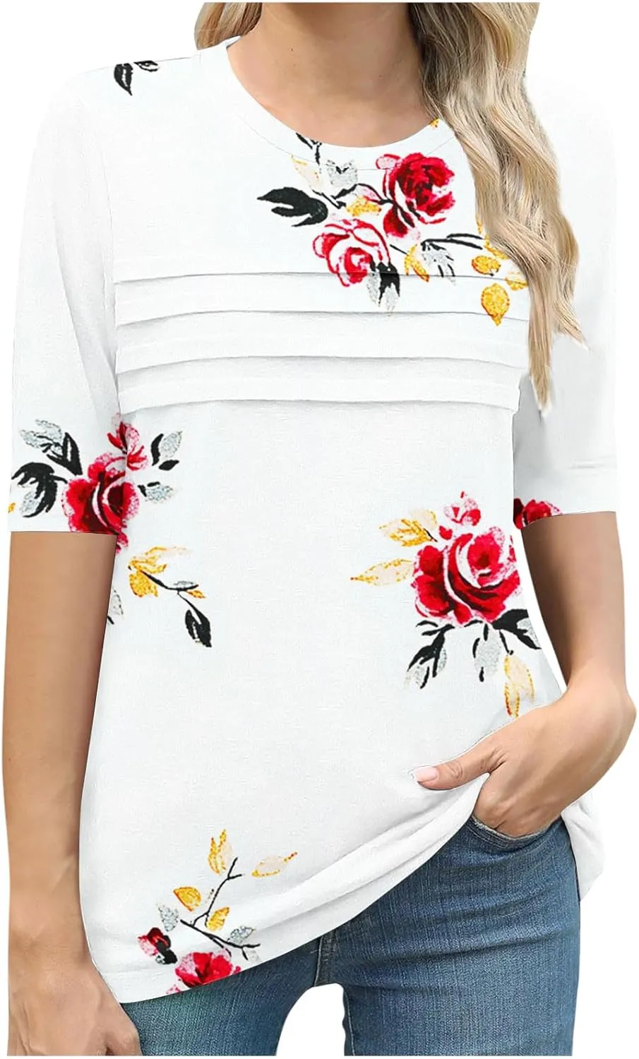 Women's Summer Short Sleeve Top Casual Floral Print Blouse Crewneck Ruched Front Shirts Lightweight Loose Fit Blouse