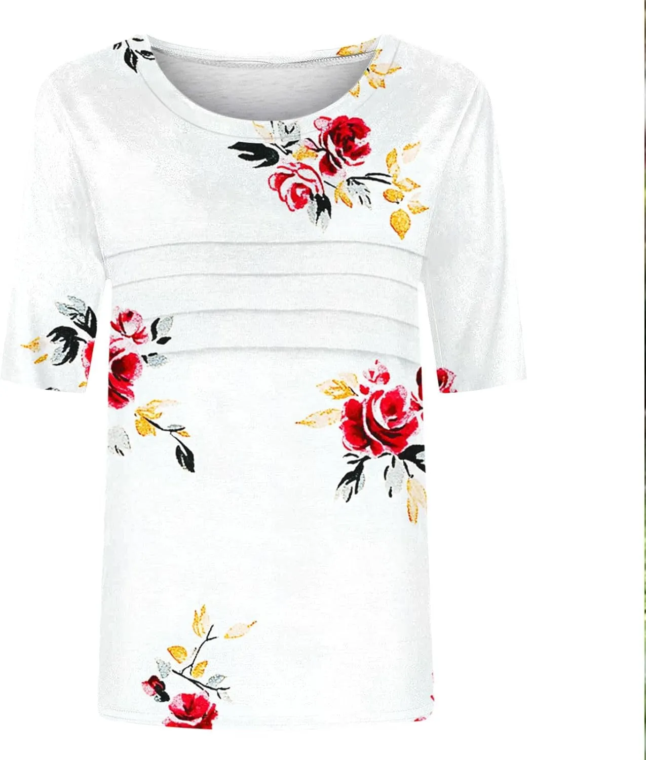 Women's Summer Short Sleeve Top Casual Floral Print Blouse Crewneck Ruched Front Shirts Lightweight Loose Fit Blouse