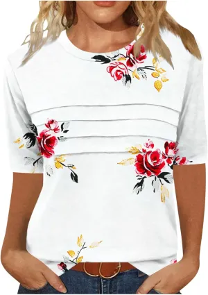 Women's Summer Short Sleeve Top Casual Floral Print Blouse Crewneck Ruched Front Shirts Lightweight Loose Fit Blouse